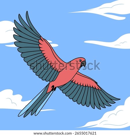A colorful lovebird soars gracefully through the sky with wings wide open, flying above soft white clouds in a bright blue background. Perfect for bird and nature lovers.