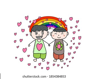 colorful Lovely male gay holding hand doodle art style design
