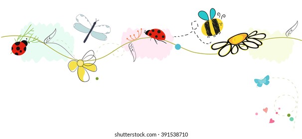 Colorful lovely spring banner vector. Butterfly, ladybug, dragonfly,bee vector background