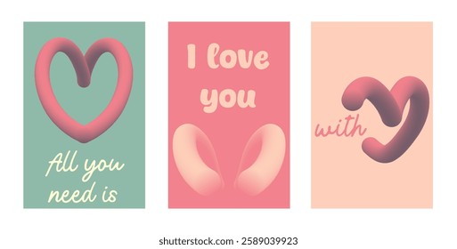 Colorful Love-Themed Digital Illustrations With Hearts and Romantic Text. Stylized heart illustrations and loving messages in pastel colors convey warmth, romance, and affection.