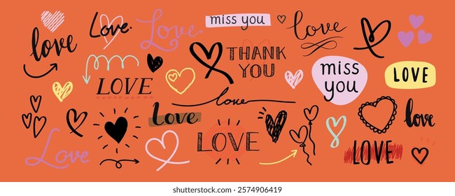 Colorful love-themed doodles with hearts and words like 'love' and 'miss you' on an orange background. Playful love symbols and romantic messages. Valentine's element vector set.