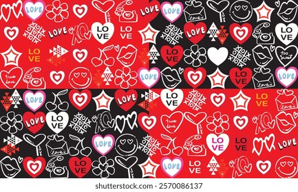 Colorful love-themed seamless pattern with hearts, lips, flowers, and playful graphics on red and black. Perfect for Valentine's Day, gift wraps, or romantic designs.