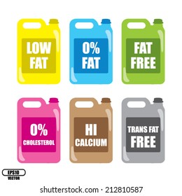 Colorful Low Fat, 0% Fat, Fat Free, 0% Cholesterol, Calcium And Trans Fats Free On Gallon Of Milk Icon Or Badge Isolated On White Background - Vector.