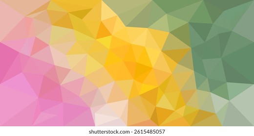 Colorful low poly abstract background with a gradient blend of pink, yellow, and green triangular shapes, creating a vibrant and modern geometric design.

