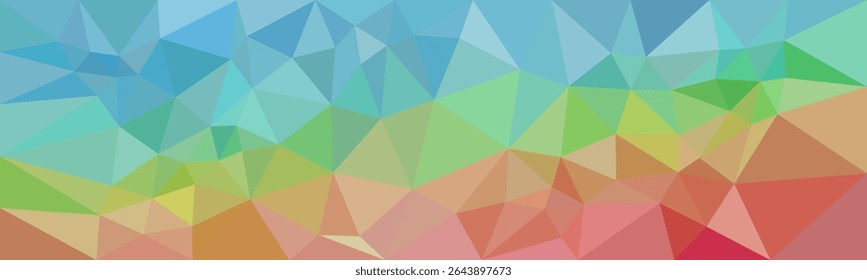 Colorful low poly abstract background with geometric triangles in shades of blue, green, yellow, and red blending seamlessly.

