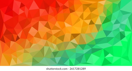  Colorful low poly background with a vibrant gradient from red to orange to green. The triangular pattern creates a bold, dynamic, and modern visual perfect for digital or graphic use.