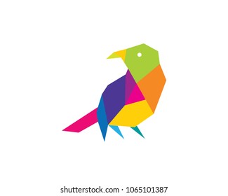 Colorful Low Poly Bird Technology Logo In White Isolated Background