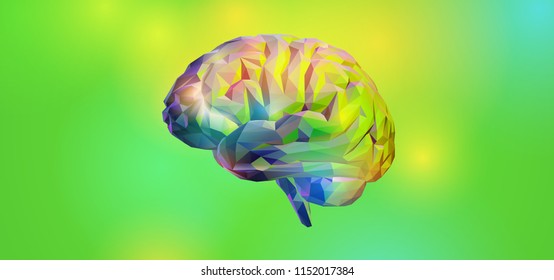 Colorful low poly brain illustration isolated and glowing on bokeh green banner background