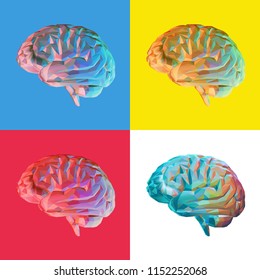 Colorful low poly brain illustration isolated on retro pop art background style