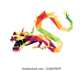 Colorful Low Poly Polygon of Angry Flying Dragon. Colorful abstract Illustration of Flying Dragon. Fierce Dragon Colorful Logo