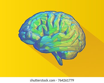 Colorful low poly side view brain illustration isolated on bright yellow background