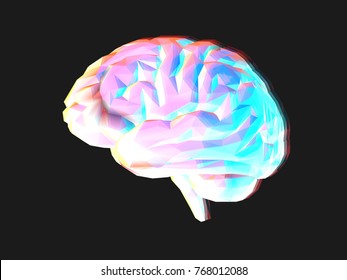 Colorful low poly side view brain illustration with glitch effect or chromatic aberration isolated on dark background