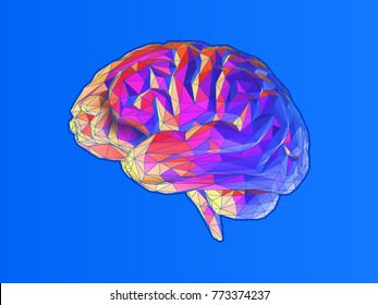 Colorful low poly side view brain illustration isolated on bright blue background