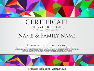 colorful low poly style certificate graphic design template.
