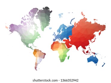 Colorful low poly world map vector illustration on white background. Continents in geometric shapes.