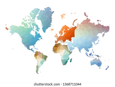 Colorful low poly world map. Geometric shapes represent continents.