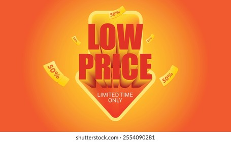 Colorful Low price logo with down arrow. Price falling or price drop concept. Concept for low price. colorful Background