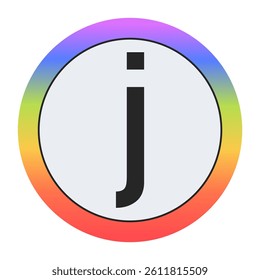 Colorful Lowercase Letter j in a Circle on Black: Purple, Blue, Green, Yellow, Orange, Red. Bold Typography. Design Element for Education, Branding, Creative Projects