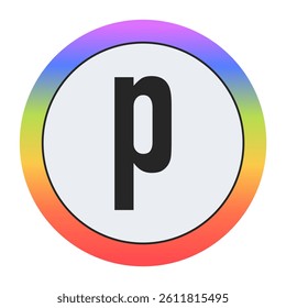 Colorful Lowercase Letter p in a Circle on Black: Purple, Blue, Green, Yellow, Orange, Red. Bold Typography. Design Element for Education, Branding, Creative Projects