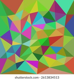 Colorful low-poly abstract design featuring vibrant, multi-colored triangles in various sizes, creating a playful and dynamic geometric pattern.


