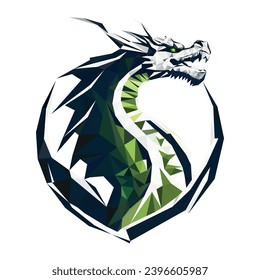 Un colorido dragón volador vectorial de bajo polígono. Un dragón poligonal verde. El símbolo 2024 es una ilustración de un dragón geométrico. Logo de polígonos.