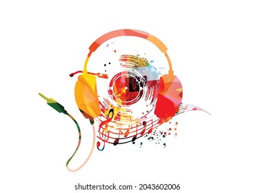 Colorful lp vinyl record disc with musical notes and headphones. Musical poster for listening music, relaxing, having fun vector illustration design