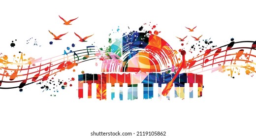 Colorful LP vinyl record disc with musical notes for live jazz, blues, rock concert events, music festivals and shows, party flyer, invitation. Musical poster with piano keyboard vector illustration