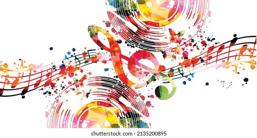 Colorful LP vinyl record disc with musical notes and G-clef for concert events, music festivals and shows, party flyers, invitations. Musical poster for club party vector illustration	