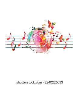 Colorful LP vinyl record disc with musical notes stave and butterflies for concert events, music festivals and shows, party flyers and invitations. Musical poster for club party vector illustration