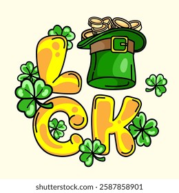 Colorful Luck lettering with green shamrocks, a leprechaun hat filled with gold coins,festive St. Patrick's Day elements. Vector greeting cards, print, sticker, posters, invitations, merchandise