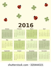 colorful lucky 2016 vector calendar with four leaf clover and ladybug 