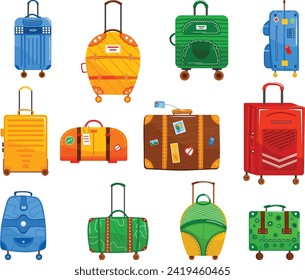 Colorful luggage collection for travel, variety of suitcase designs. Vacation preparation, diverse styles of bags and suitcases.