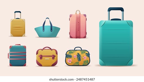 Colorful luggage set travel bags suitcases collection different styles modern design isolated on light background