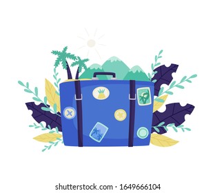 Colorful Luggage with Stamps and Floral Composition with Landscape Behind Vector Illustration