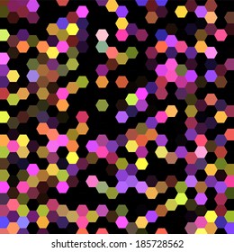 Colorful luminescent mosaic festival background. Pattern of geometric hexagon shapes. Vector background.