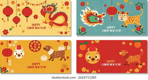 Colorful Lunar New Year Vector Banner Set: Zodiac Animals, Dragons and Lanterns 
