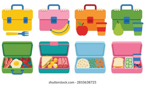 Colorful lunch boxes filled with various healthy foods like fruits, sandwiches, eggs, and vegetables. Kids meals for school or picnics.