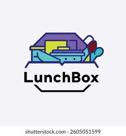 Colorful Lunchbox Illustration with Sandwich, Fruit, and Spoon - A Bright, Cheerful Vector Design Highlighting Meal Time and Freshness