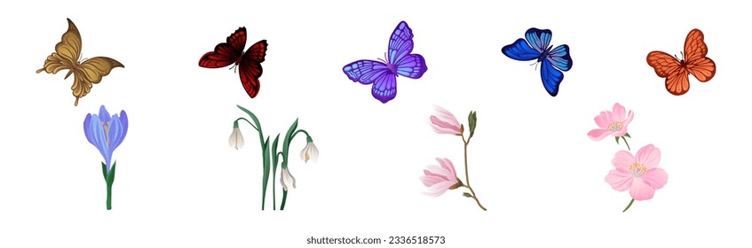 Colorful Lush Flower Buds and Fluttering Butterfly Vector Set