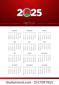 Colorful luxury Happy New Year 2025 Festive Calendar Design, 2025 Logo with Bangladesh Flag on Red-Golden Confetti and star Background, Calendar January to December 12 Months, Happy  New Year Belarus