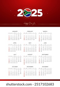 Colorful luxury Happy New Year 2025 Festive Calendar Design, 2025 Logo with South Africa Flag on Red-Golden Confetti and star Background, Calendar January to December 12 Months, New Year South Africa