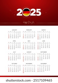 Colorful luxury Happy New Year 2025 Festive Calendar Design, 2025 Logo with German Flag on Red-Golden Confetti and star Background, Calendar German