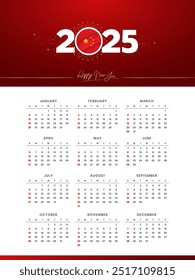 Colorful luxury Happy New Year 2025 Festive Calendar Design, 2025 Logo with China Flag on Red-Golden Confetti and star Background, Calendar January to December 12 Months, Happy New Year China