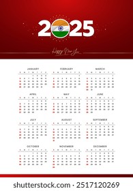 luxo colorido Feliz Ano Novo 2025 Projeto de calendário festivo, 2025 Logo com bandeira indiana no Confetti vermelho-dourado e estrela Fundo, Calendário Janeiro a dezembro 12 meses, Feliz Ano Novo Índia