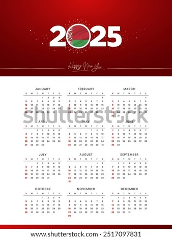 Colorful luxury Happy New Year 2025 Festive Calendar Design, 2025 Logo with Bangladesh Flag on Red-Golden Confetti and star Background, Calendar January to December 12 Months, Happy  New Year Belarus