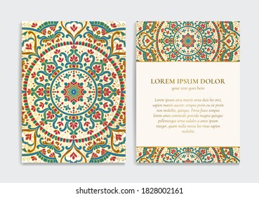 Colorful luxury invitation card design with vector mandala pattern. Vintage ornament template. Can be used for background and wallpaper. Elegant and classic vector elements great for decoration.