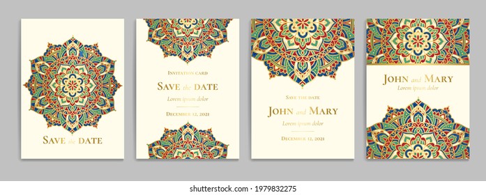 Colorful luxury invitation card design with vector mandala pattern. Vintage ornament template. Can be used for background and wallpaper. Elegant and classic vector elements great for decoration.