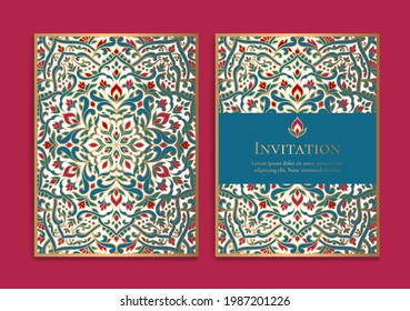 Colorful luxury invitation card design with vector mandala pattern. Vintage ornament template. Can be used for background and wallpaper. Elegant and classic vector elements great for decoration.