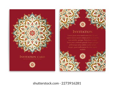 Colorful luxury invitation card design with vector mandala ornament pattern. Vintage template. Can be used for background and wallpaper. Elegant and classic vector elements great for decoration.