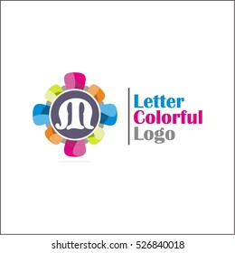 Colorful M letter vector logo template (sign, symbol, emblem, ornament, circle, flower)